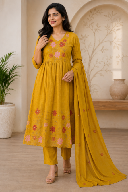Mustard Yellow Embroidered Suit Set