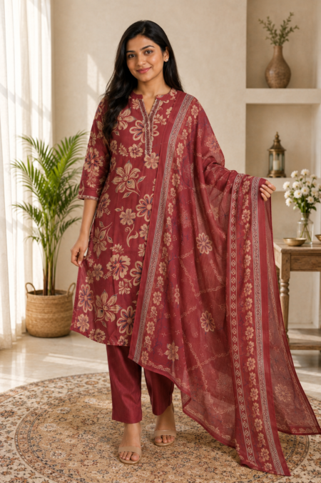 Brick Orange Floral Printed Kurta Set