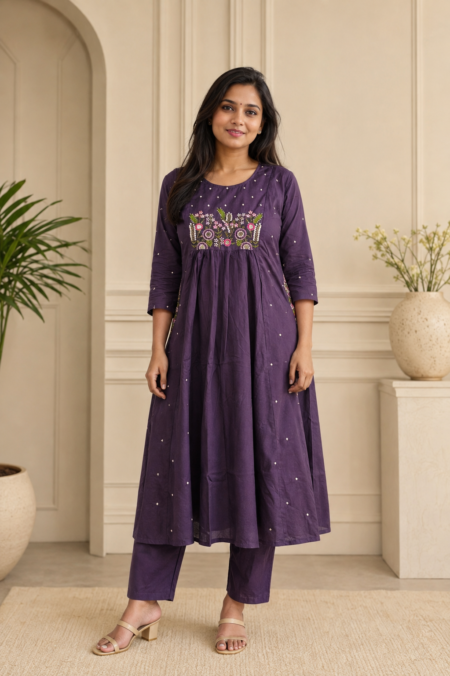 Deep Plum Embroidered Cotton Suit Set