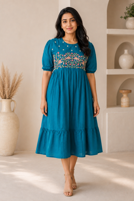Teal Blue Embroidered Long Frock