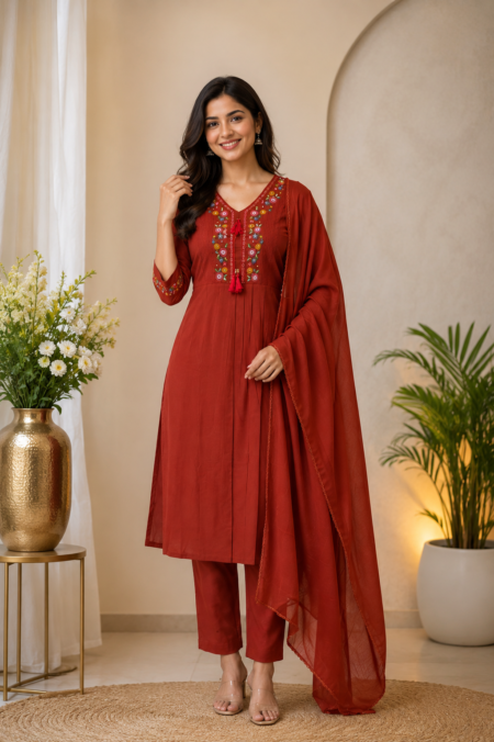 Rust Orange Mul Cotton Embroidered Anarkali Suit Set