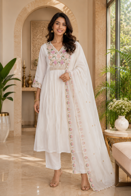 White Mul Chanderi Floral Embroidered Party Wear Anarkali Suit Set