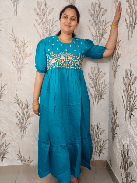 Teal Blue Embroidered Long Frock