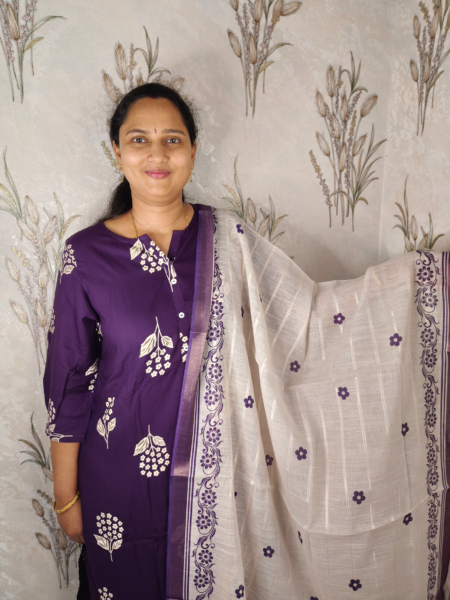 Purple Floral Kurta Set with Kota Doria Dupatta