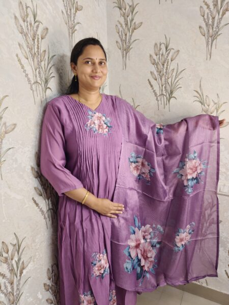Grey Blue Floral Pure Kota Long Frock