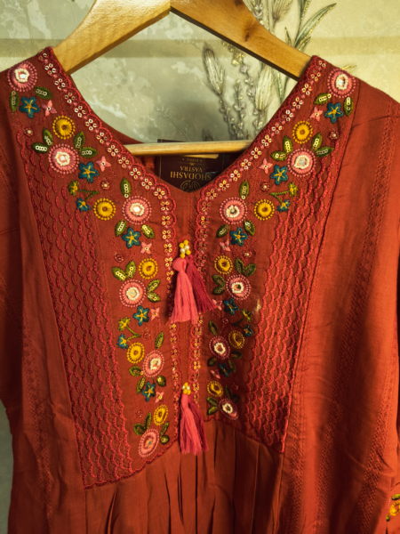 Rust Orange Mul Cotton Embroidered Anarkali Suit Set
