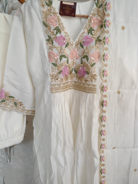 White Mul Chanderi Floral Embroidered Party Wear Anarkali Suit Set