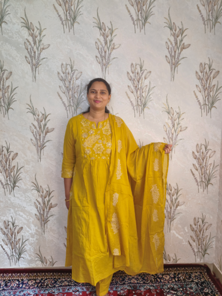 Mustard Yellow Mul Cotton Embroidered Anarkali Suit Set