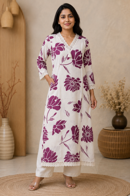 Ivory Floral Khadi Long Co-ord Set