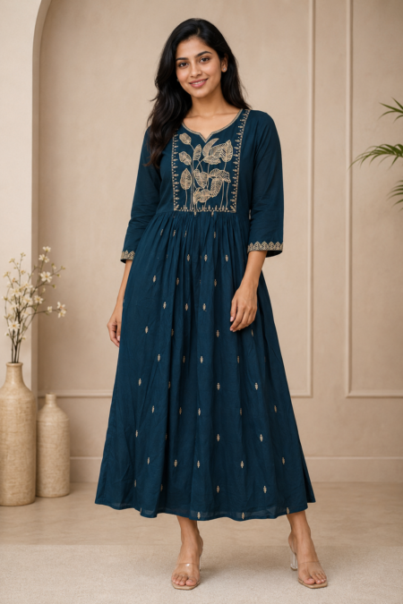 Premium Cotton Thread-Embroidered Anarkali Dress