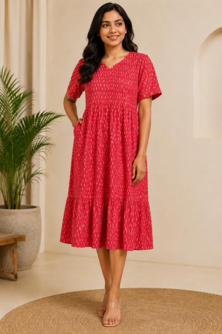 Red Ikat-Style Cotton Dress