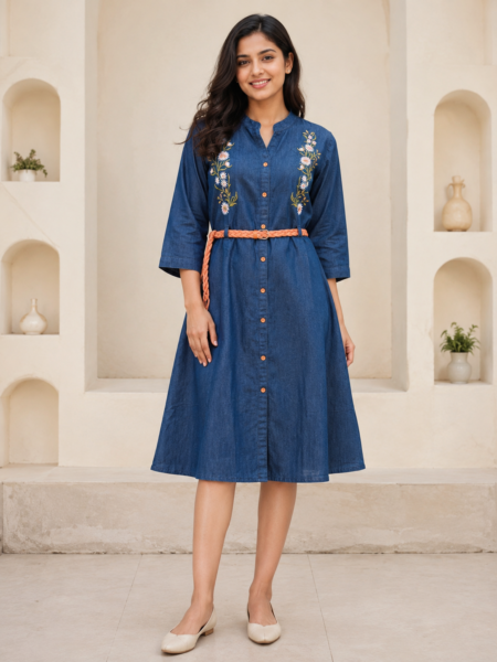 Denim Floral Embroidered Dress