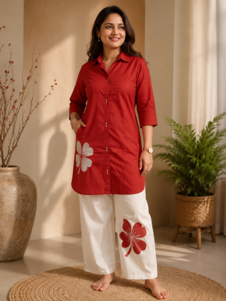 Red Pure Cotton Floral Co-ord Set