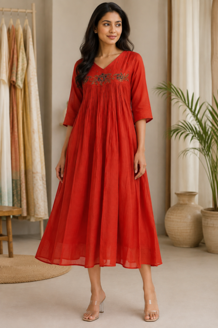 Rust Orange Handwork Mul Chanderi Long Frock