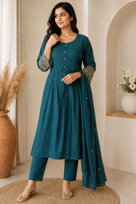 Teal Embellished Mul Cotton Kurthi Set