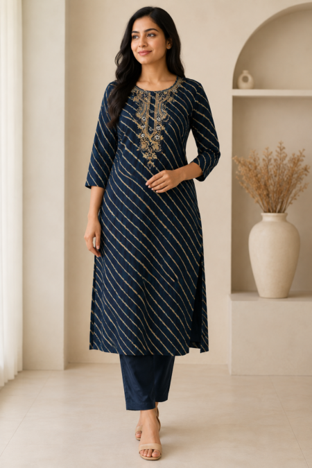 Navy Blue Silk Leheriya-Style 3-Piece Suit Set