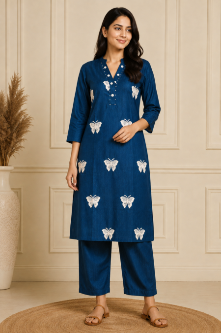 Indigo Blue Butterfly Thread-Work Co-ord Set
