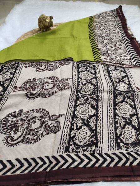 Chennuri Silk Saree – Parrot Green with Kalamkari Border & Pallu