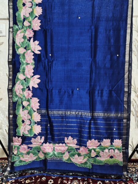 Royal Blue Lotus Applique Work Saree