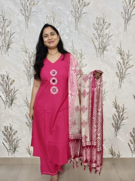 Pink Cotton Blend Mirror Work Kurta Set with Printed Dupatta