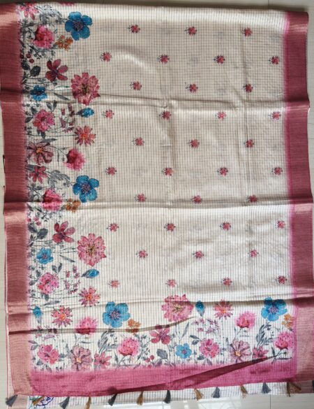 Vintage Checks Tussar Silk Saree with Floral Hand Kantha Work