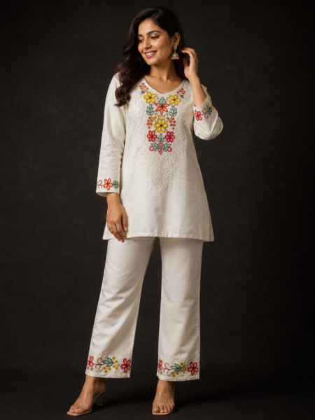 White Floral Embroidered Co-ord Set