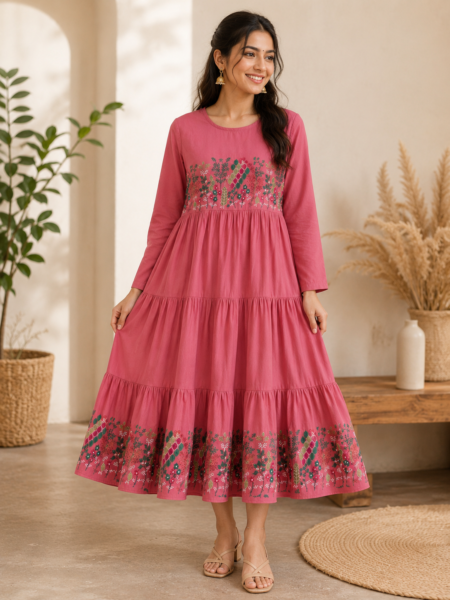 Premium Mul Chanderi Frock With Thread Embroidery