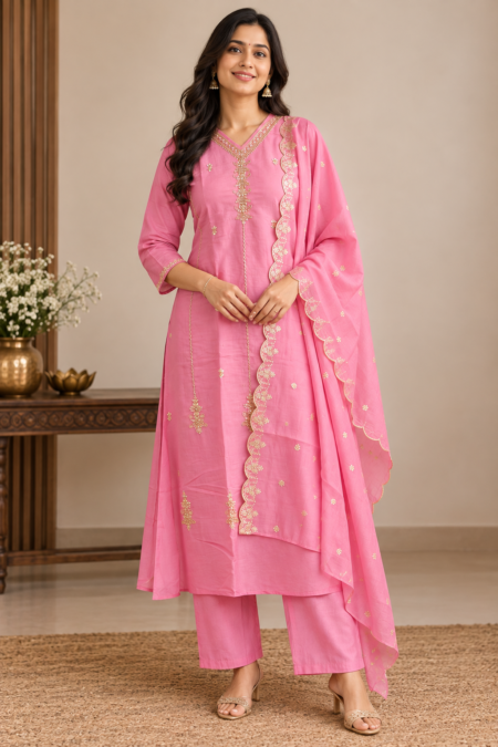 🌸 Mauve Pink Premium Mul Chanderi 3-Piece Suit Set