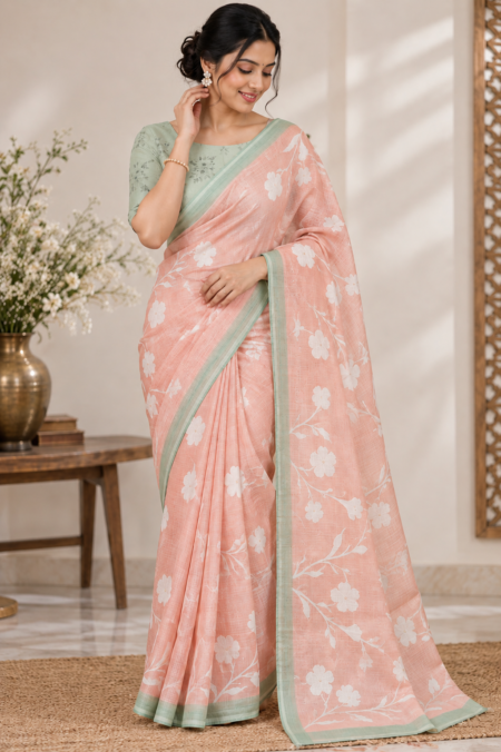 Peach Floral Premium Silk Kota Saree with Gold Thread & Lace Border