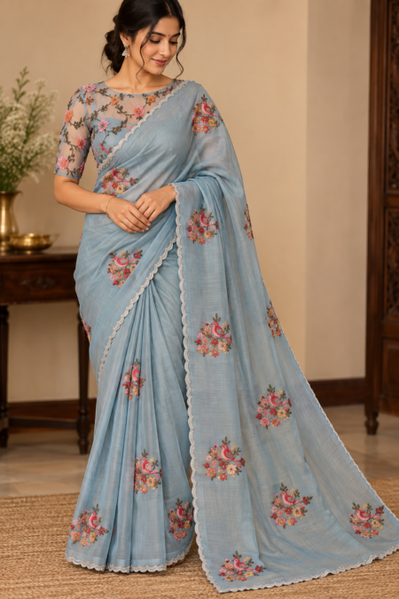 🌸 Pastel Blue Bird & Floral Work Saree
