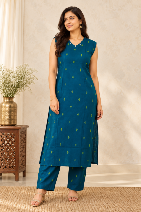Jamdhani Cotton Coord Set – Teal Blue